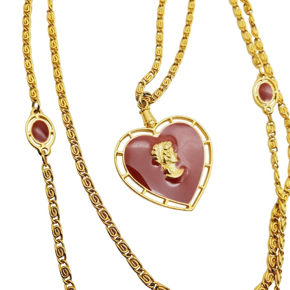 Goldette Gold Tone Necklace Heart Reversible Enamel Pendant Fleur de Lis Layered